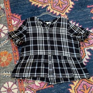 {LOFT} Plaid Peplum Button Down Short Sleeve Top
